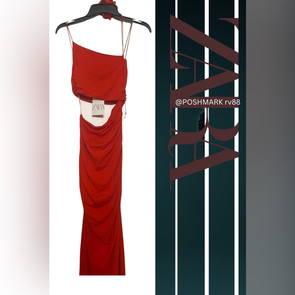 ZARA Red Cut Out Asymmetrical Midi Dress With High Slit - Picture 4 of 5